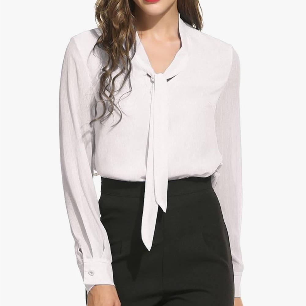 Acevog White Long Sleeve Tie Front Blouse